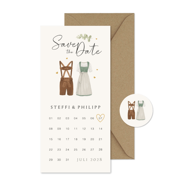 Save-the-Date-Karte Trachtenhochzeit Dirndl & Lederhose
