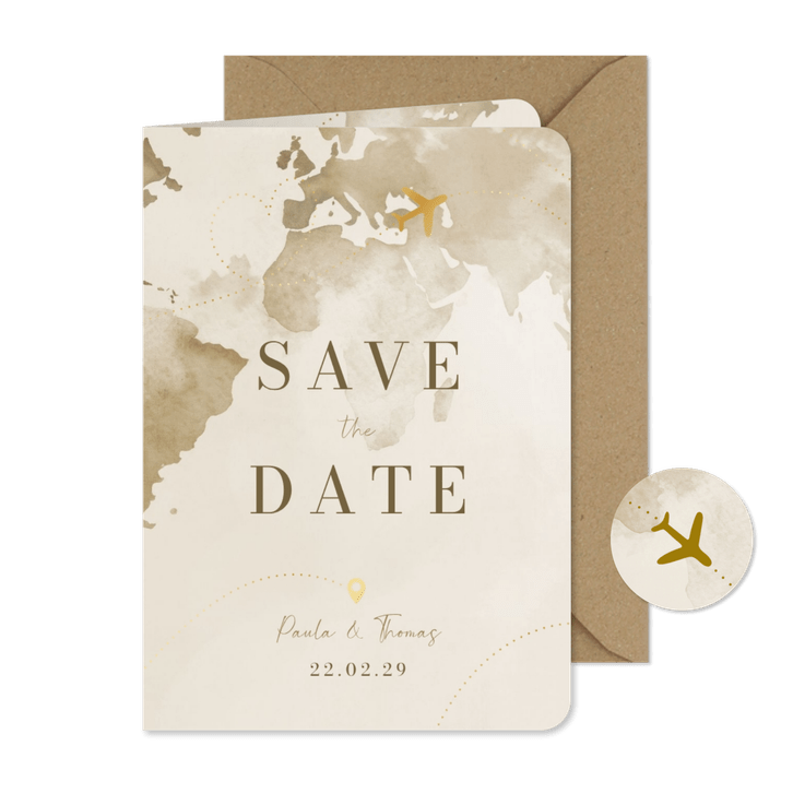 Save-the-Date-Karte Weltreise und Flugzeug mit Gold