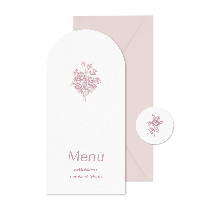 Speisekarte Bogenform romantische Rosen rosa Hochzeit