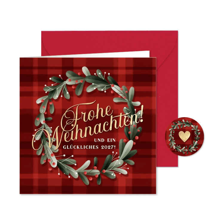 Weihnachtsgrußkarte Kranz auf Tartanmuster