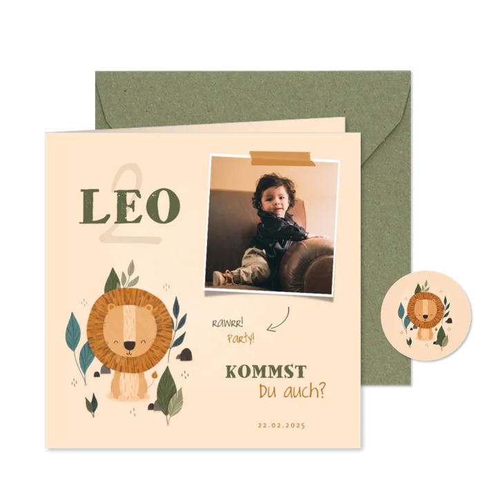 2. Kindergeburtstag Einladung süßer Löwe und Foto
