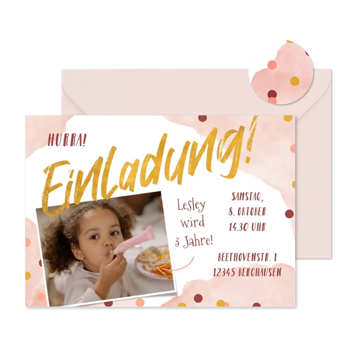 3. Kindergeburtstag Konfetti rosa & Foto Einladung