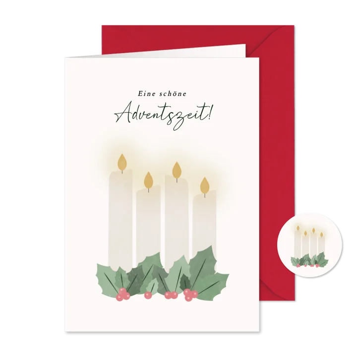 Adventskarte 4 weiße Kerzen & Zweige mit Beeren