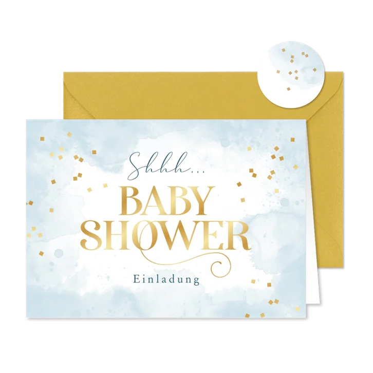 Babyshower-Einladung hellblau mit Goldschrift
