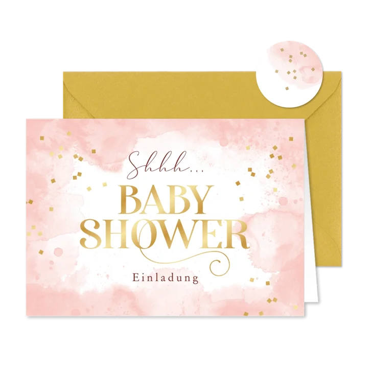 Babyshower-Einladung rosa mit Goldschrift