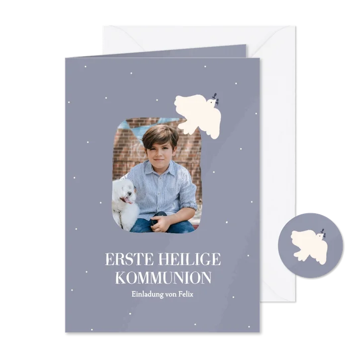 Blaue Kommunionskarte weiße Taube mit Foto