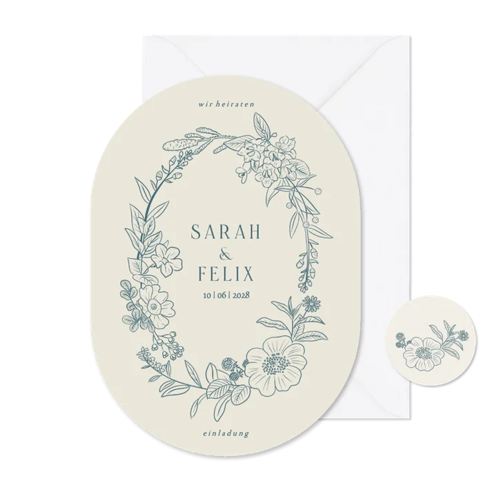 Bogenkarte Hochzeitseinladung Blumenkranz blau klasisch