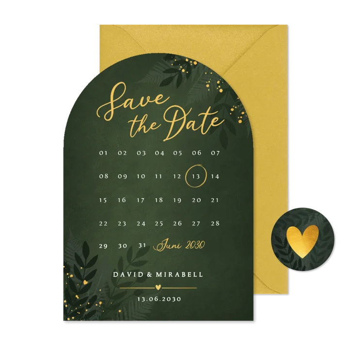 Bogenkarte Save the Date Botanisch Goldkleckse dunkelgrün