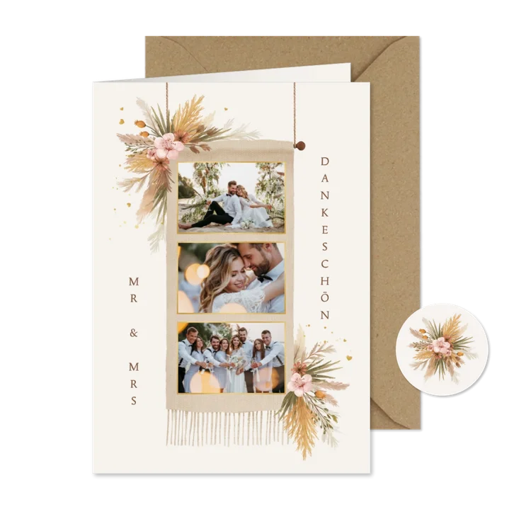 Boho-Dankeskarte Hochzeit Fotocollage Wandteppich Blumen