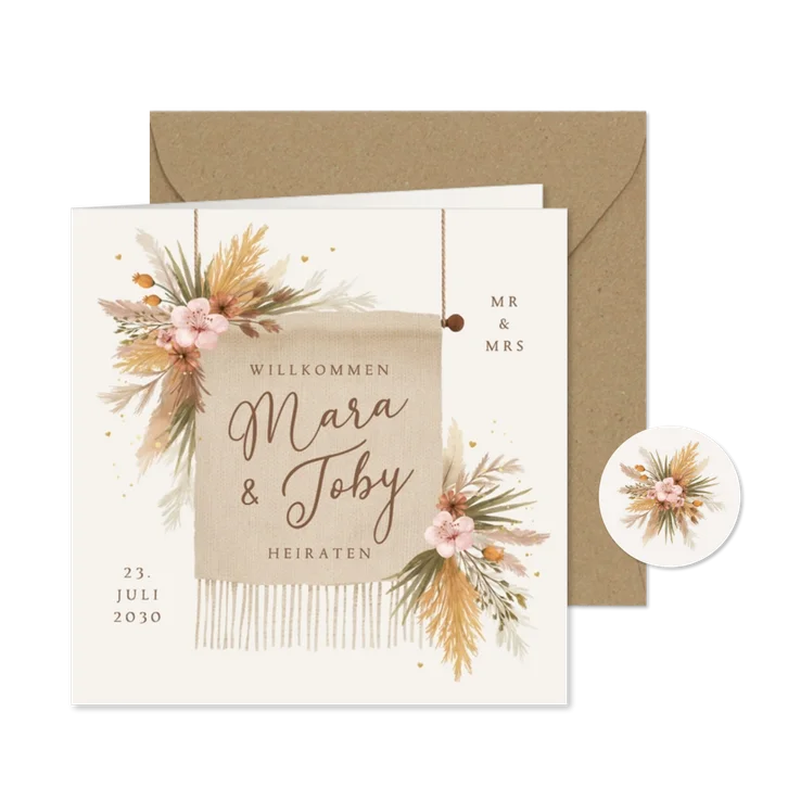 Boho-Einladungskarte Hochzeit Trockenblumen Deko