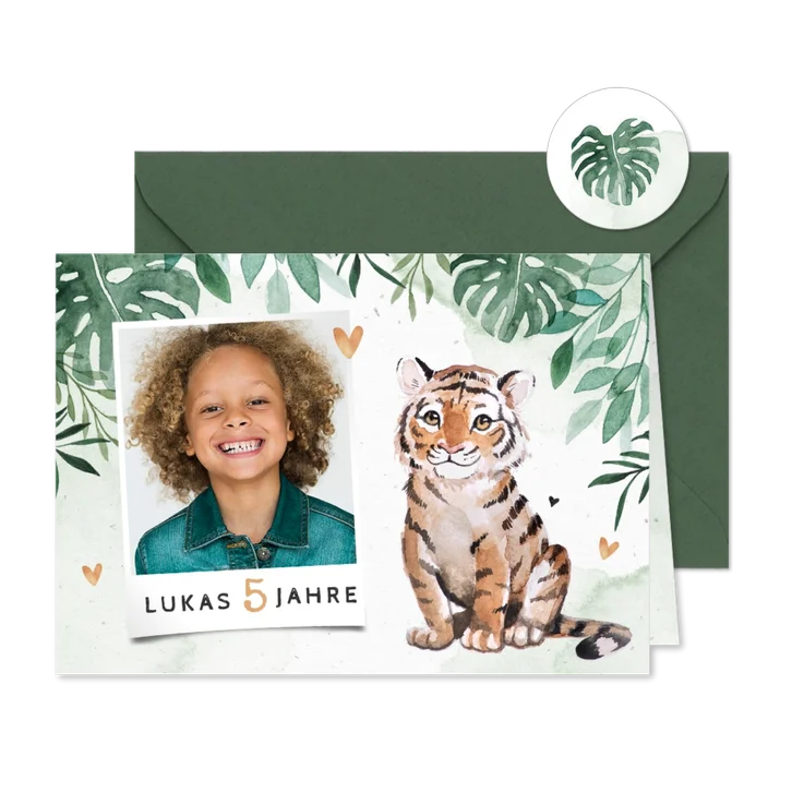 Botanische Einladung 5. Kindergeburtstag mit Foto und Tiger