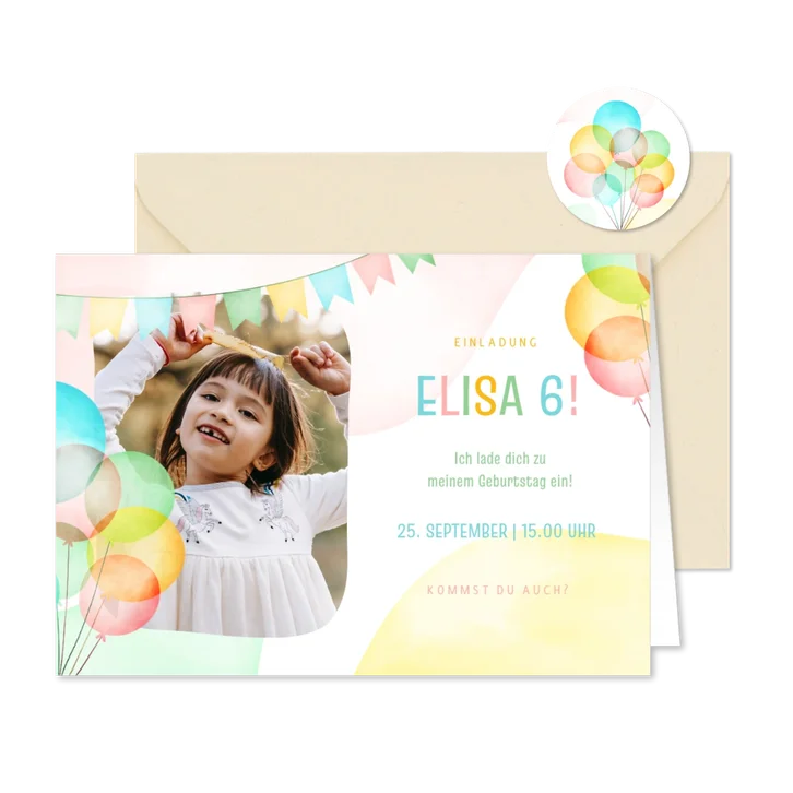 Bunte Einladung 6. Kindergeburtstag Luftballons & Foto
