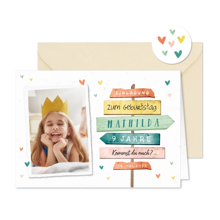 Bunte Einladung 9. Kindergeburtstag Foto & Schild