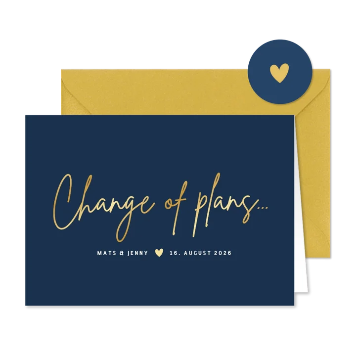 Change-of-plans-Karte zur Hochzeit klassisch Dunkelblau