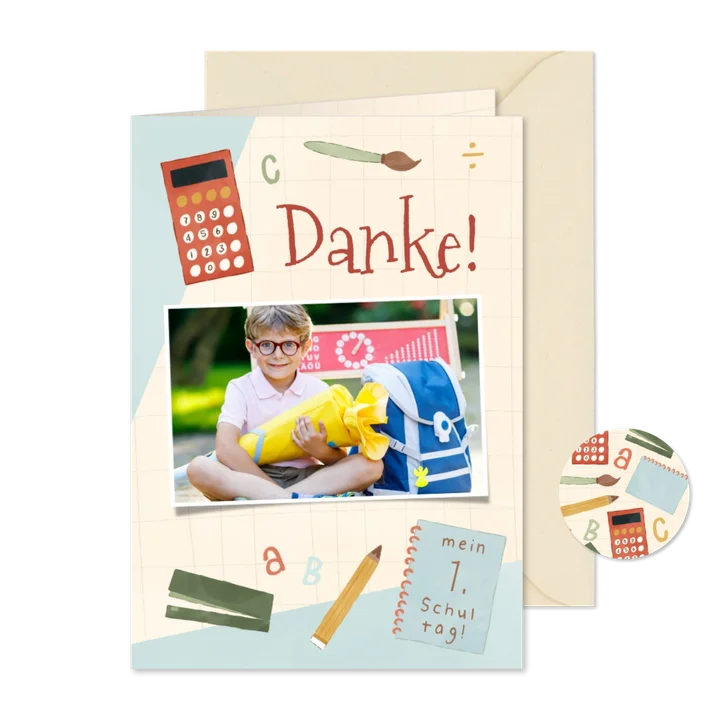 Dankeschönkarte Einschulung Foto & Schulsachen