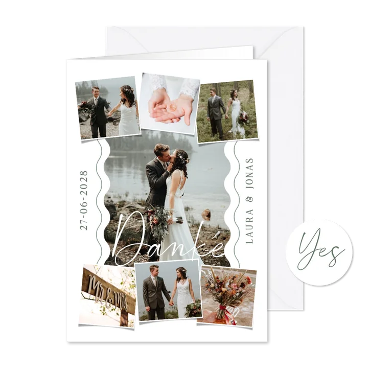 Dankeschönkarte Hochzeit Fotocollage & Wellenlinien