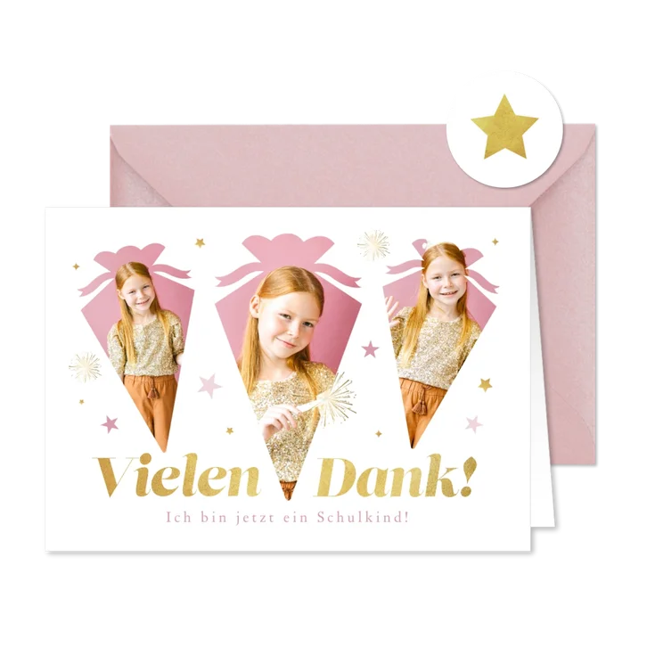 Dankeskarte 1. Schultag Fotos in Schultütenform