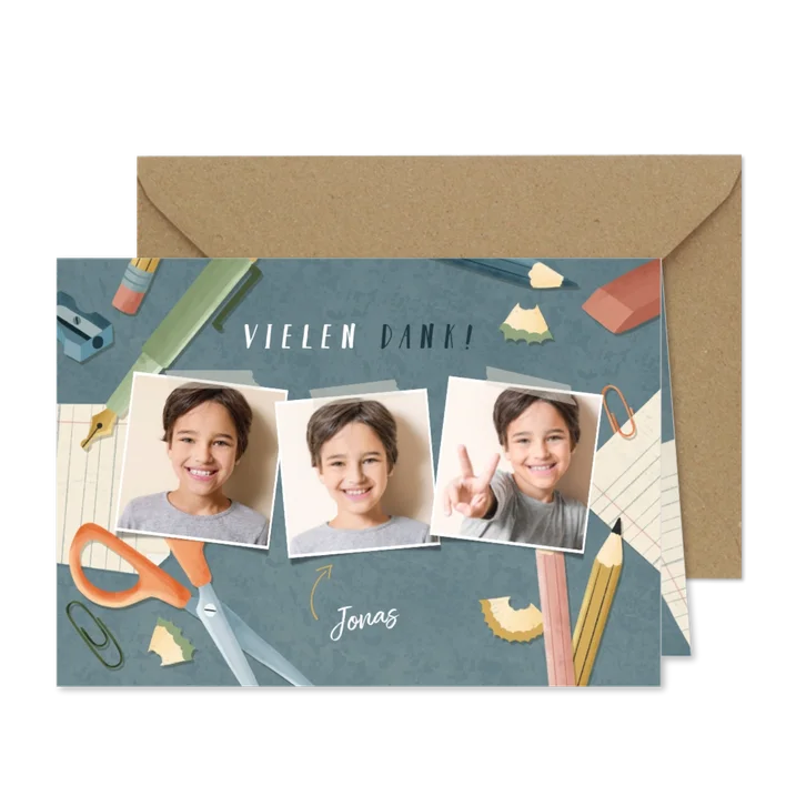 Dankeskarte Einschulung blau Fotos, Schere & Papier