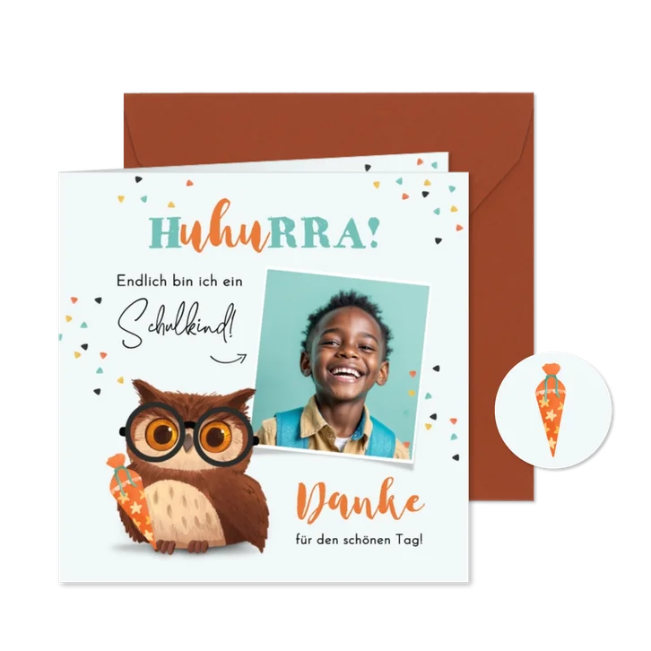 Dankeskarte Einschulung eigenes Foto & Uhu