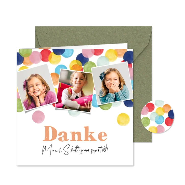 Dankeskarte Einschulung Fotos & bunte Konfetti