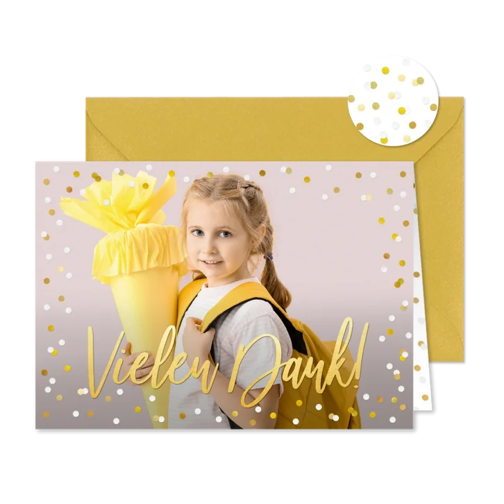 Dankeskarte Einschulung großes Foto & Konfetti