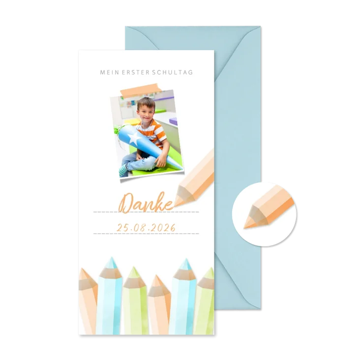 Dankeskarte Einschulung orange Buntstifte und eigenes Foto