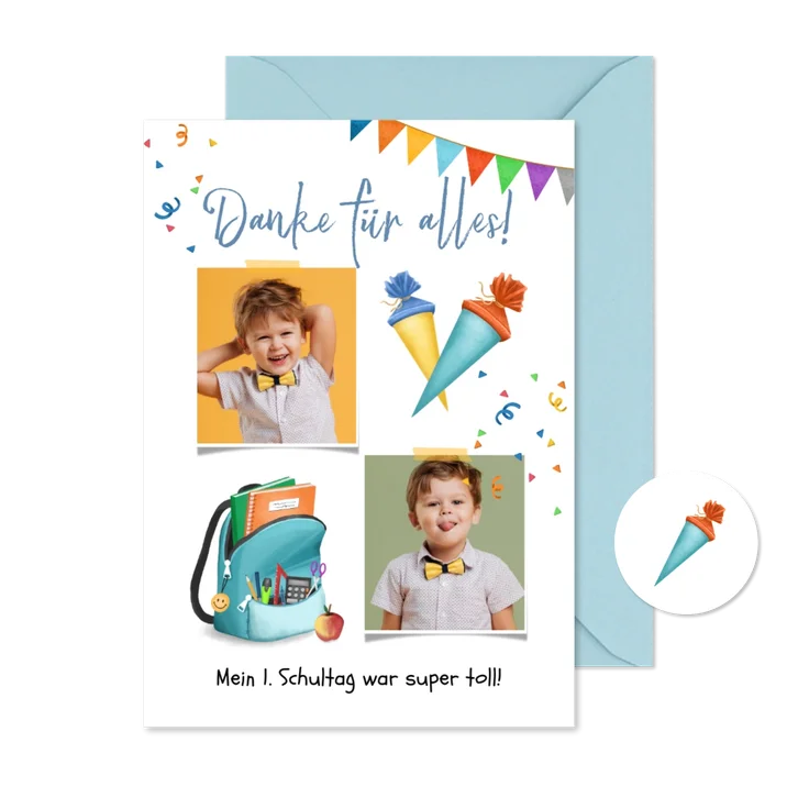 Dankeskarte Einschulung Rucksack blau & Fotos