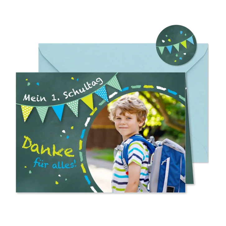 Dankeskarte Einschulung Schultafel grünblau und Foto