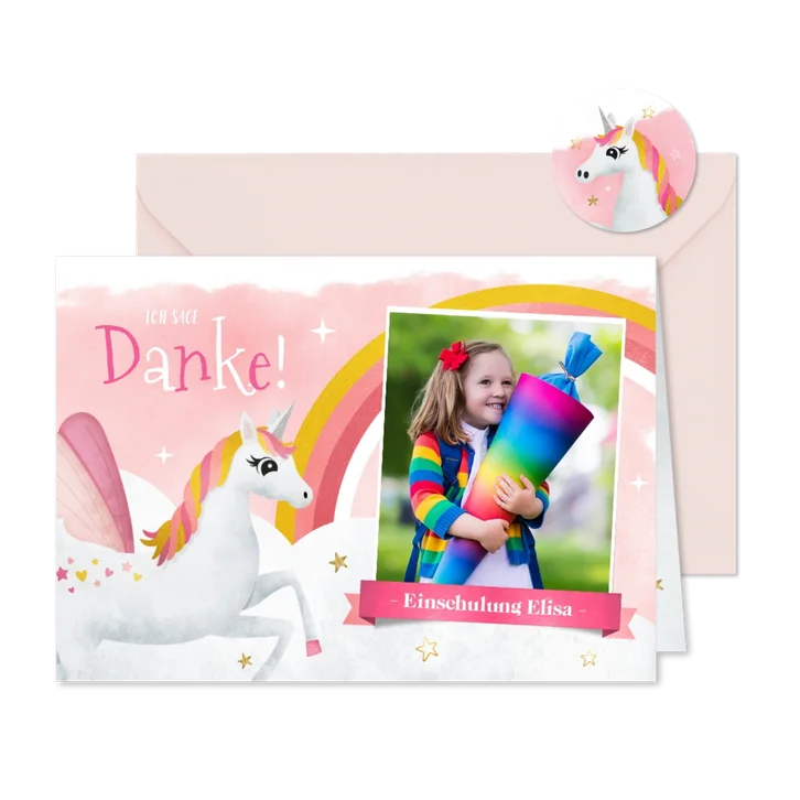 Dankeskarte Einschulungsfeier Foto & Einhorn