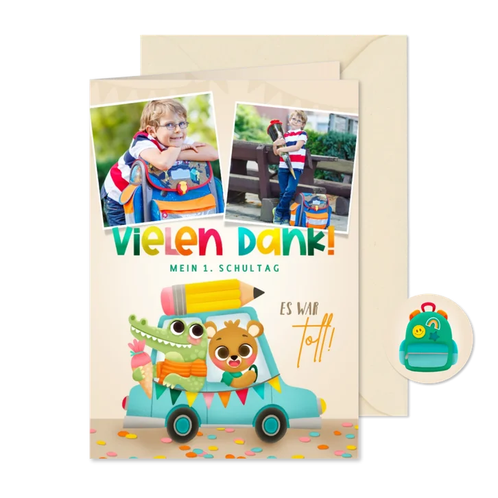 Dankeskarte Einschulungsfeier Tiere im Auto