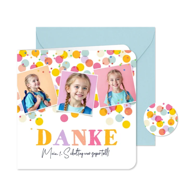 Dankeskarte Einschulungstag Fotos & bunte Konfetti