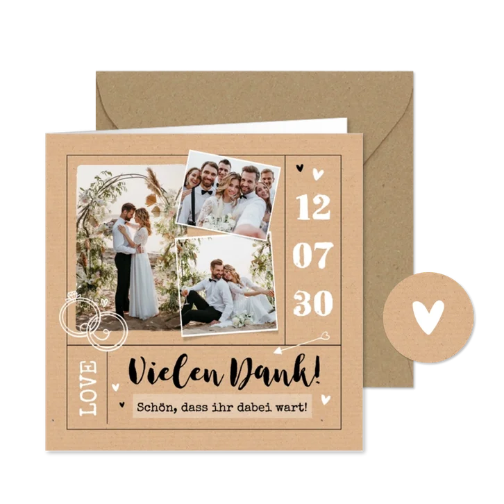 Dankeskarte Fotocollage Hochzeit Kraftpapier