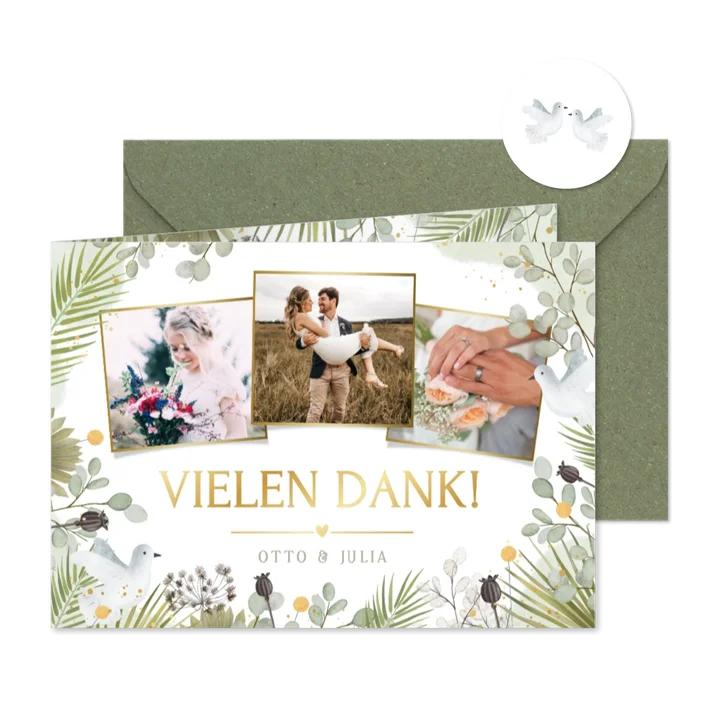 Dankeskarte Fotocollage Hochzeitstauben grüne Zweige
