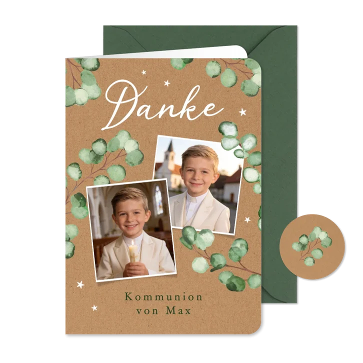 Dankeskarte Fotocollage Kommunion Eukalyptus auf Kraft