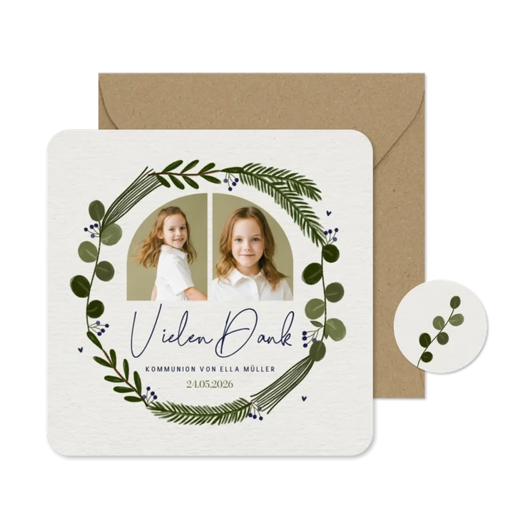 Dankeskarte Fotocollage Kommunion Papierstruktur Kranz