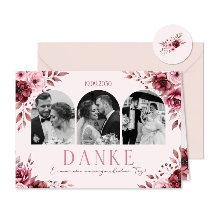 Dankeskarte Fotocollage Rosengesteck Hochzeit in Rosa