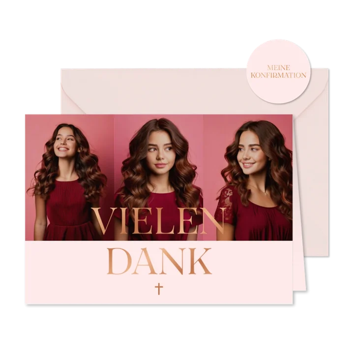 Dankeskarte Fotoserie Konfirmation Rosa Kupfer