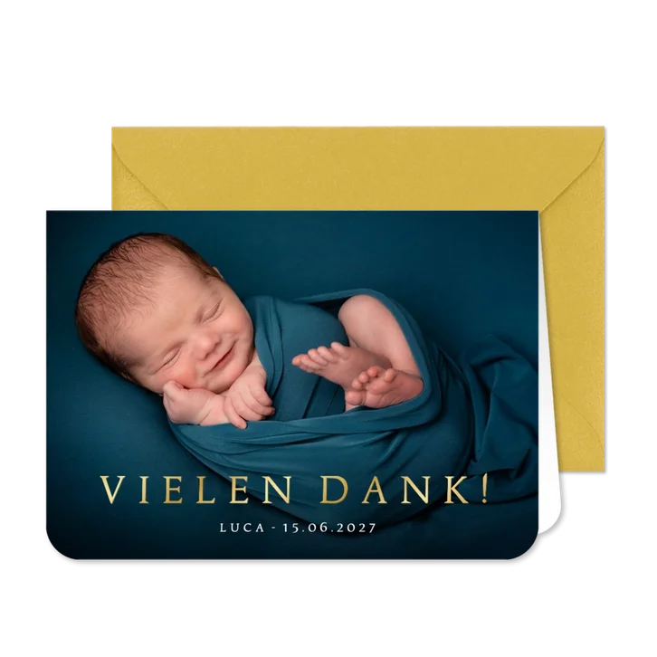 Dankeskarte Geburt großes Foto Goldlook