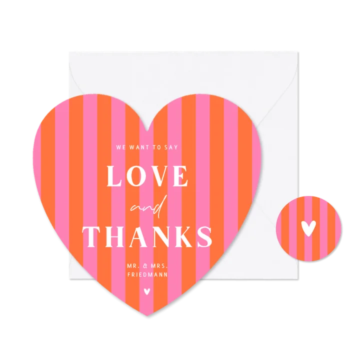 Dankeskarte Herzform Colorblocking Streifen Rosa Orange