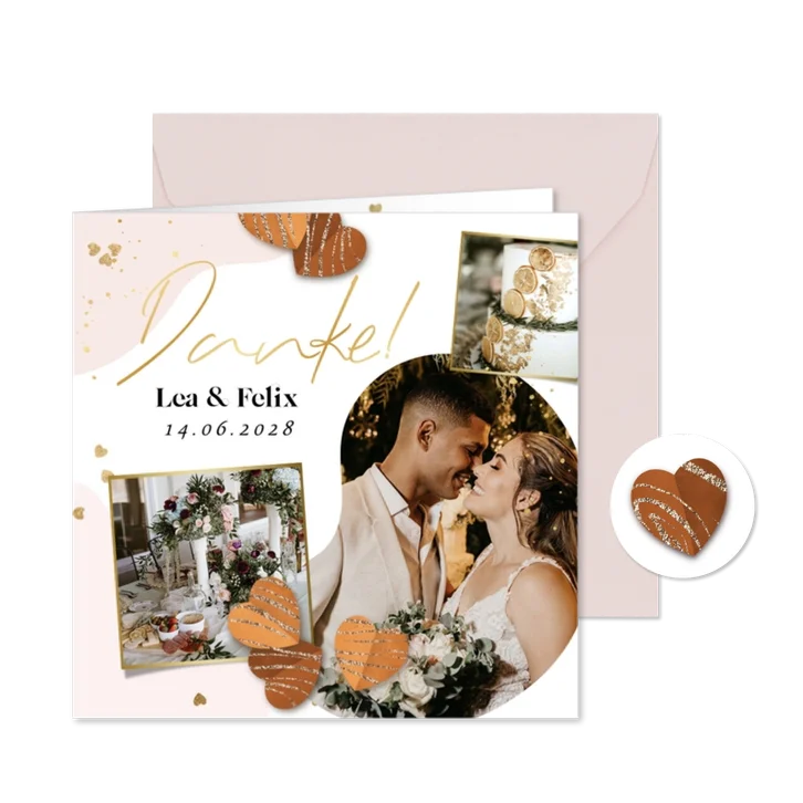 Dankeskarte Hochzeit eigene Fotos Herzchen Goldstreifen