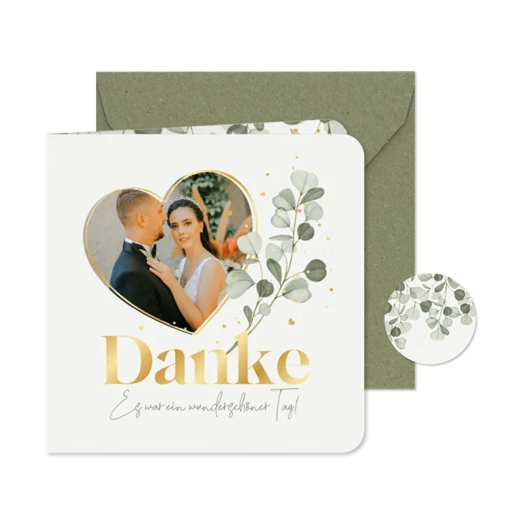 Dankeskarte Hochzeit Eukalyptuszweige, Foto & Gold