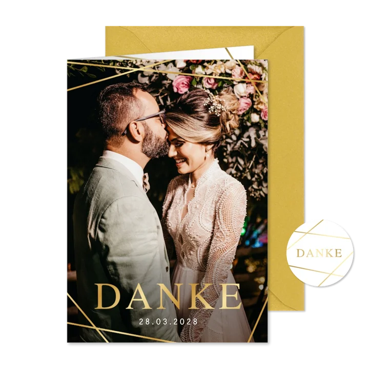 Dankeskarte Hochzeit Foto Linienspiel gold