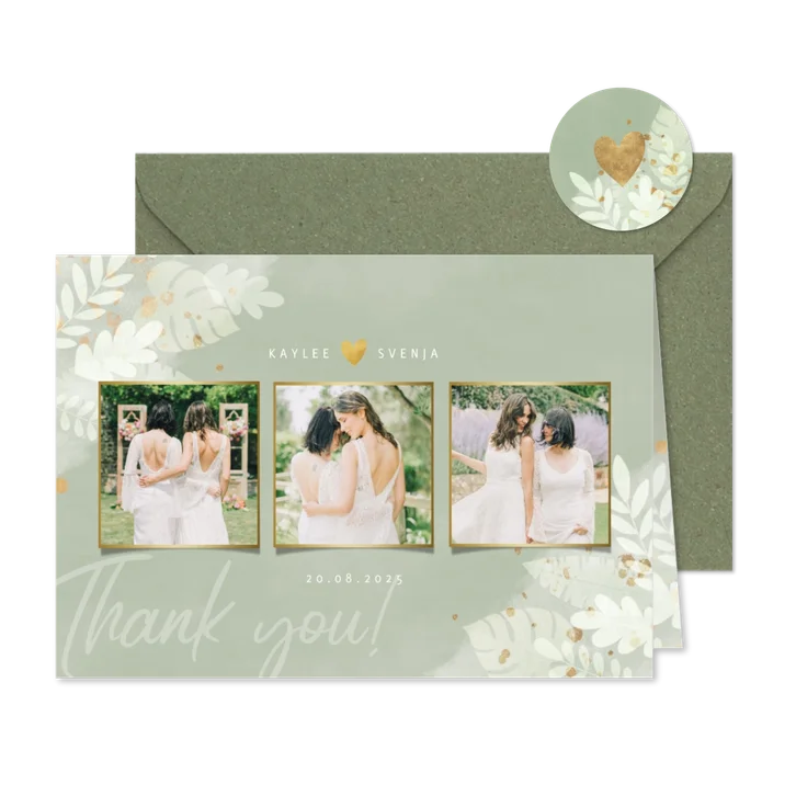 Dankeskarte Hochzeit Fotocollage botanisch Dschungelblätter
