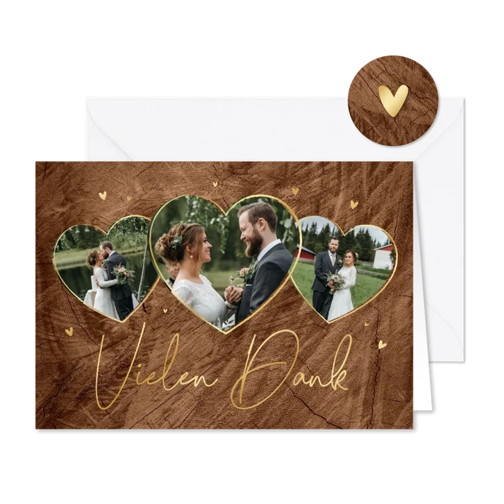 Dankeskarte Hochzeit Fotoherzen & Goldschrift auf Holz