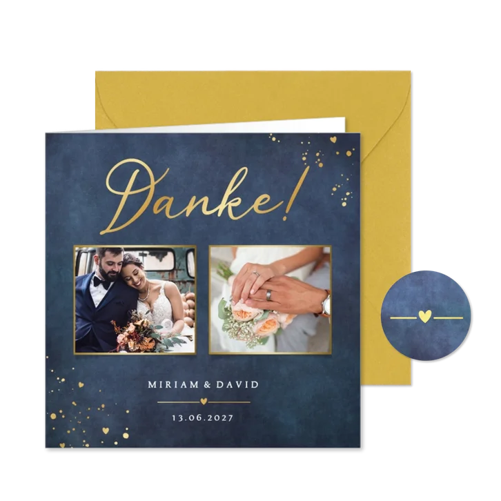 Dankeskarte Hochzeit Fotos Blau mit Gold