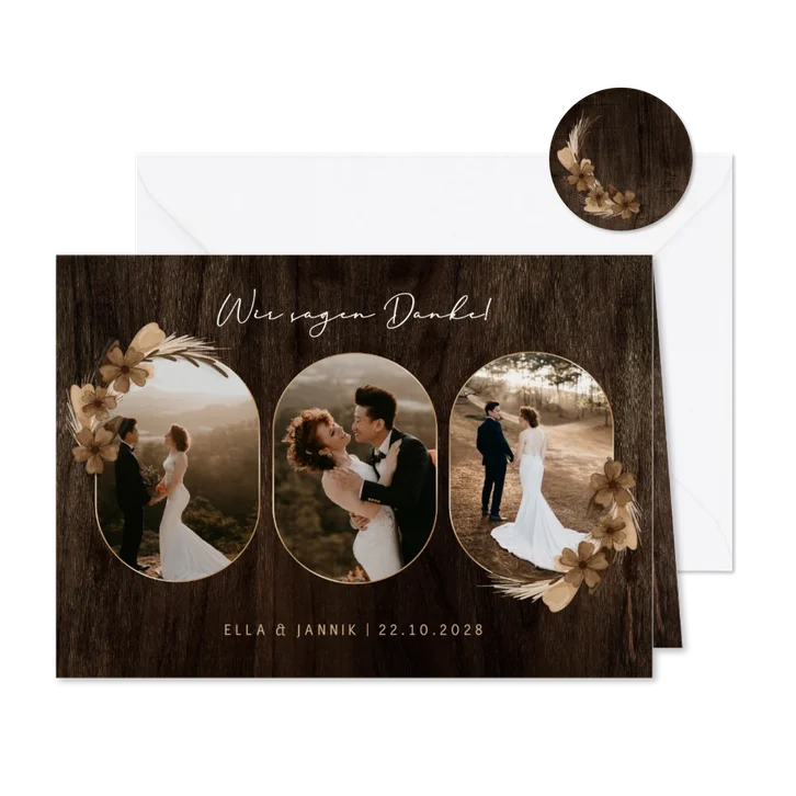 Dankeskarte Hochzeit Fotoserie Holz mit Trockenblumen