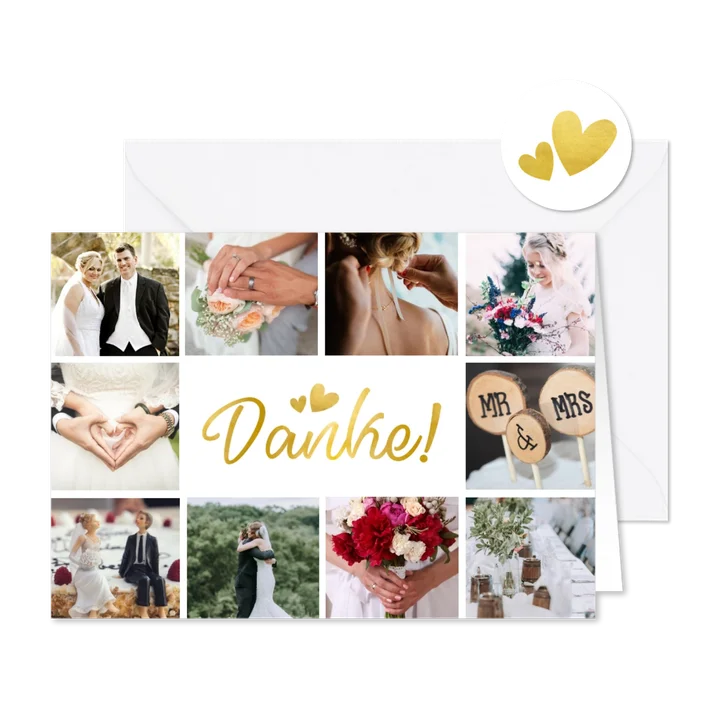 Dankeskarte Hochzeit mit Fotocollage und goldenen Herzen