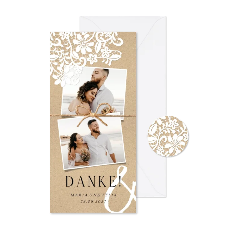 Dankeskarte Hochzeit Spitze romantisch Kraftpapierlook