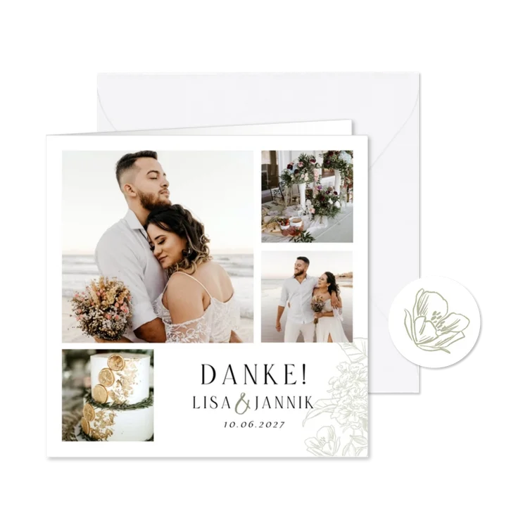 Dankeskarte Hochzeitsfeier Fotocollage Blumendekor