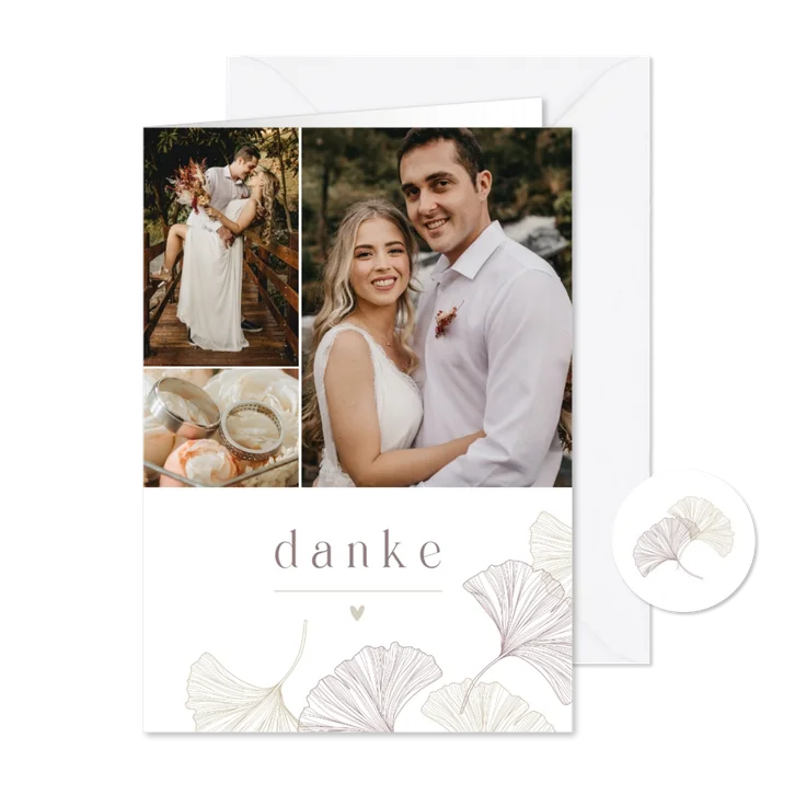 Dankeskarte Hochzeitsfotos Ginkgo pur & natürlich